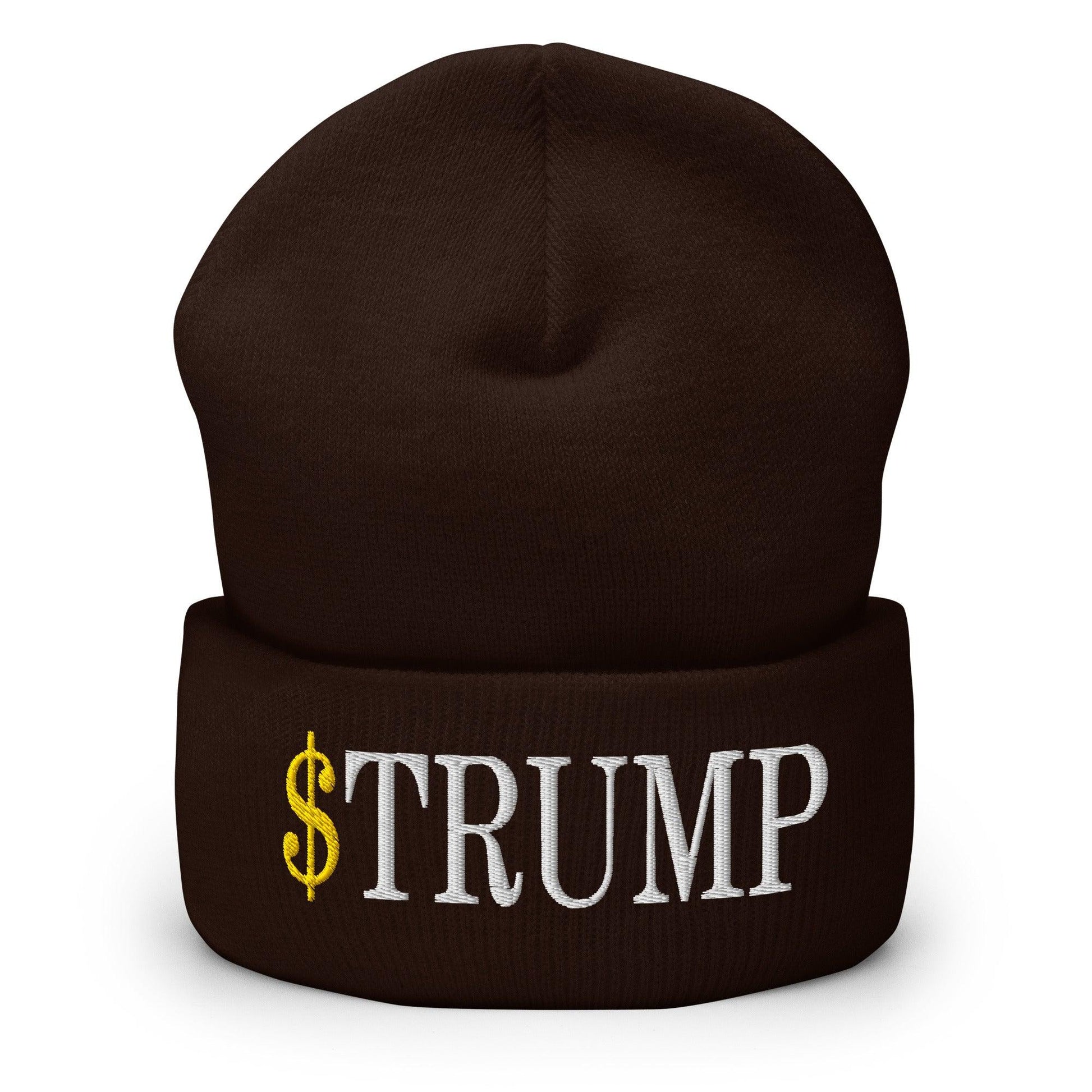 Brown cuffed knit beanie with embroidered official Trump meme coin design