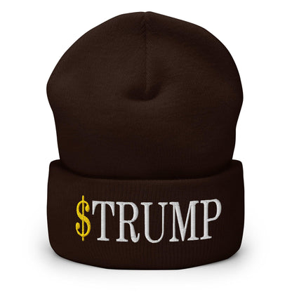Brown cuffed knit beanie with embroidered official Trump meme coin design