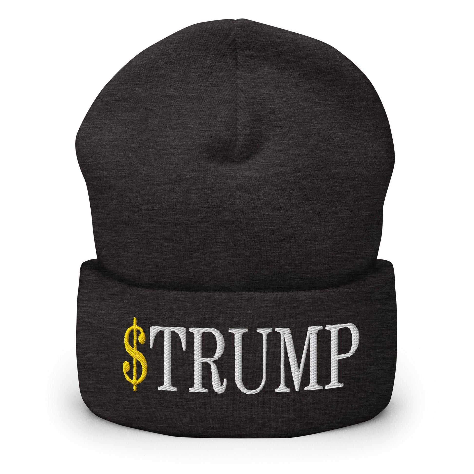 Black cuffed knit beanie with embroidered official Trump meme coin design