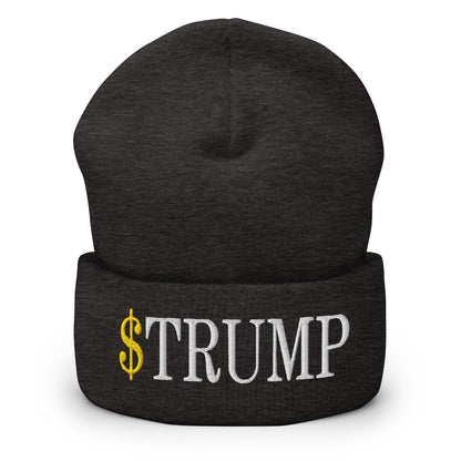 Black cuffed knit beanie with embroidered official Trump meme coin design