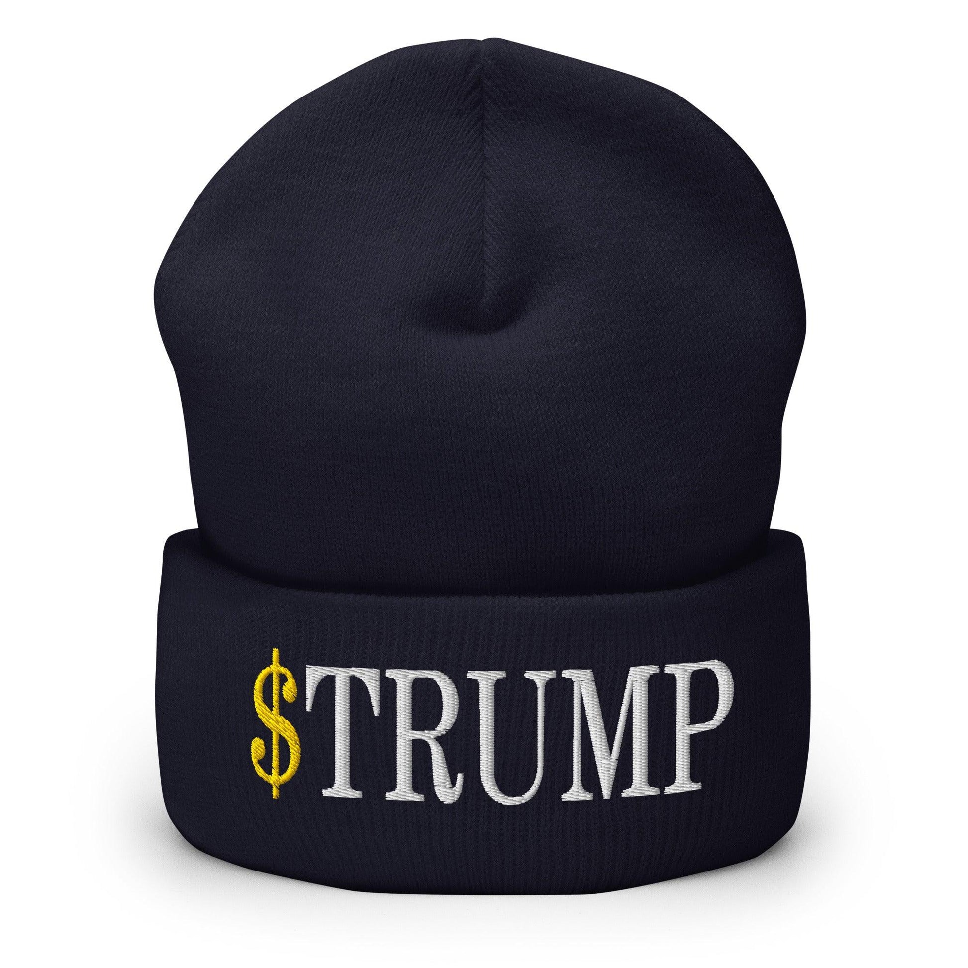 Dark blue cuffed knit beanie with embroidered official Trump Meme Coin text