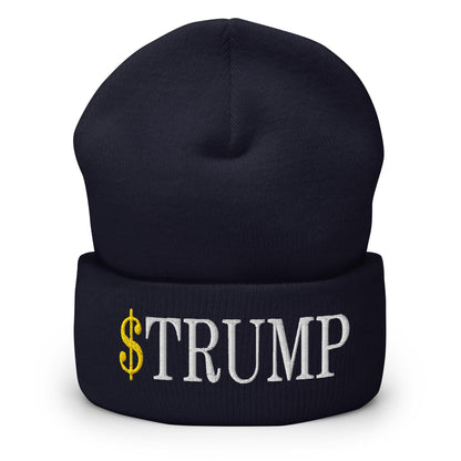 Dark blue cuffed knit beanie with embroidered official Trump Meme Coin text