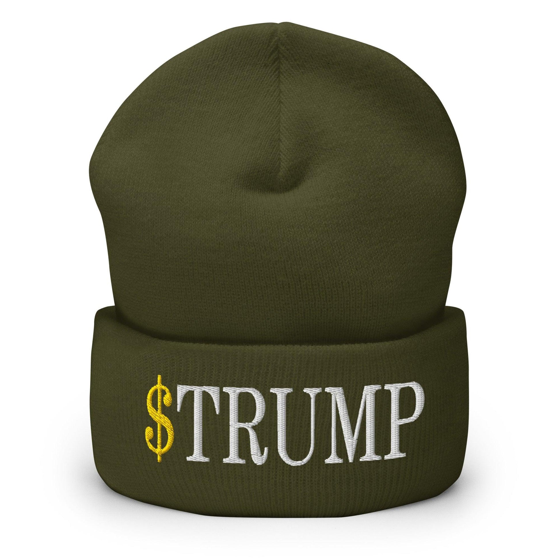 Olive green cuffed knit beanie with embroidered text, perfect for official Trump meme coin fans