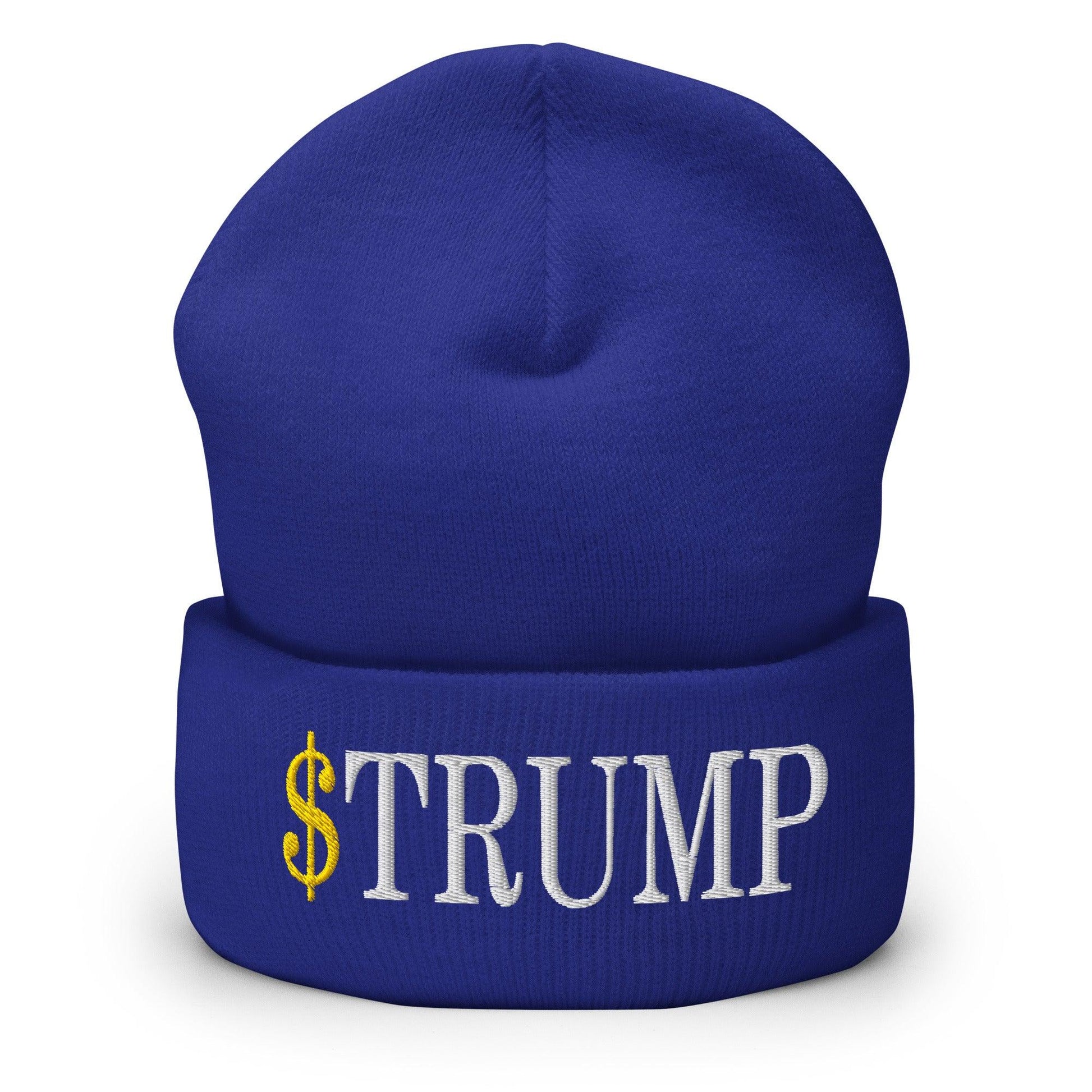 Blue beanie with embroidered text from Official Trump Meme Coin cuffed knit beanie product