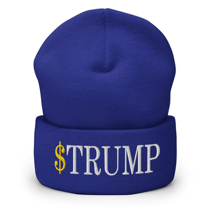 Blue beanie with embroidered text from Official Trump Meme Coin cuffed knit beanie product