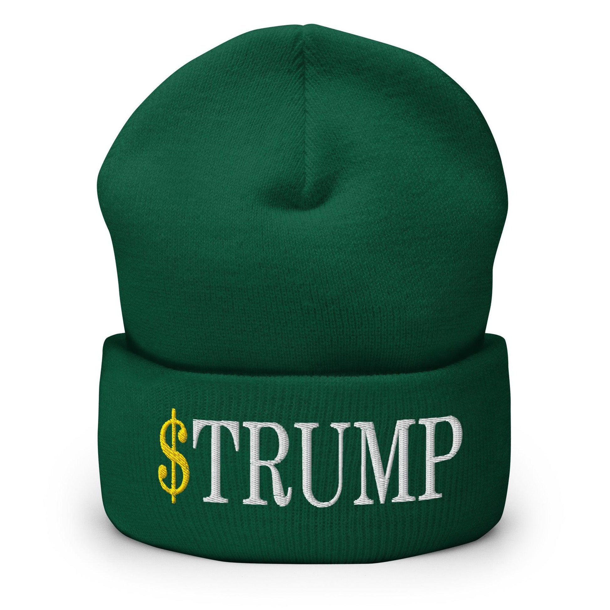 Green cuffed knit beanie with embroidered text featuring official Trump Meme Coin design