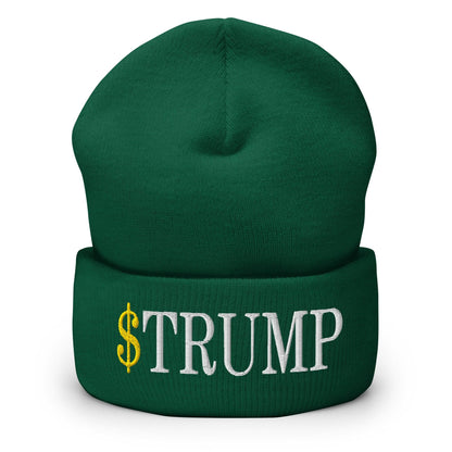 Green cuffed knit beanie with embroidered text featuring official Trump Meme Coin design