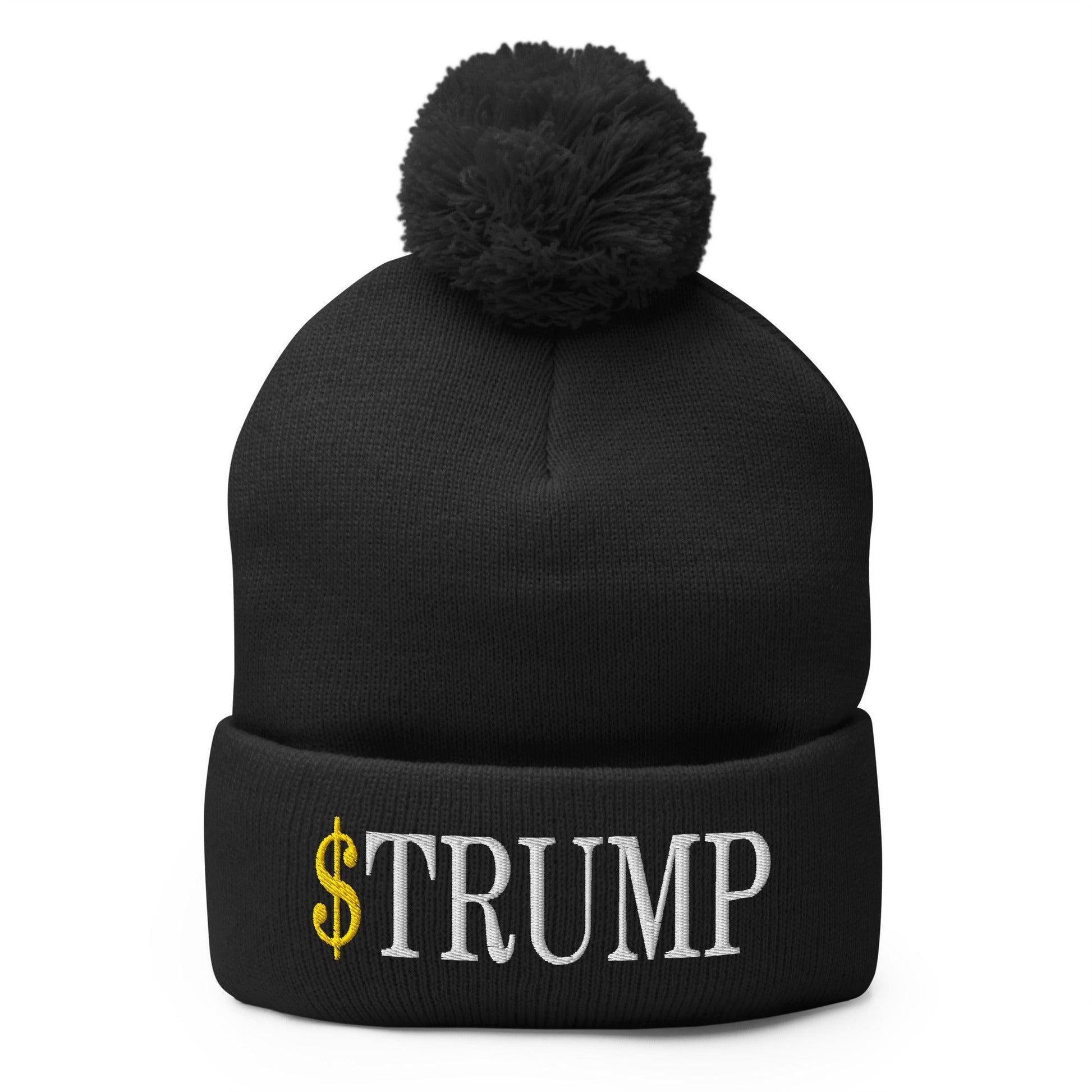 Black knit beanie with embroidered pom pom and official Trump logo, perfect for Trump meme coin fans