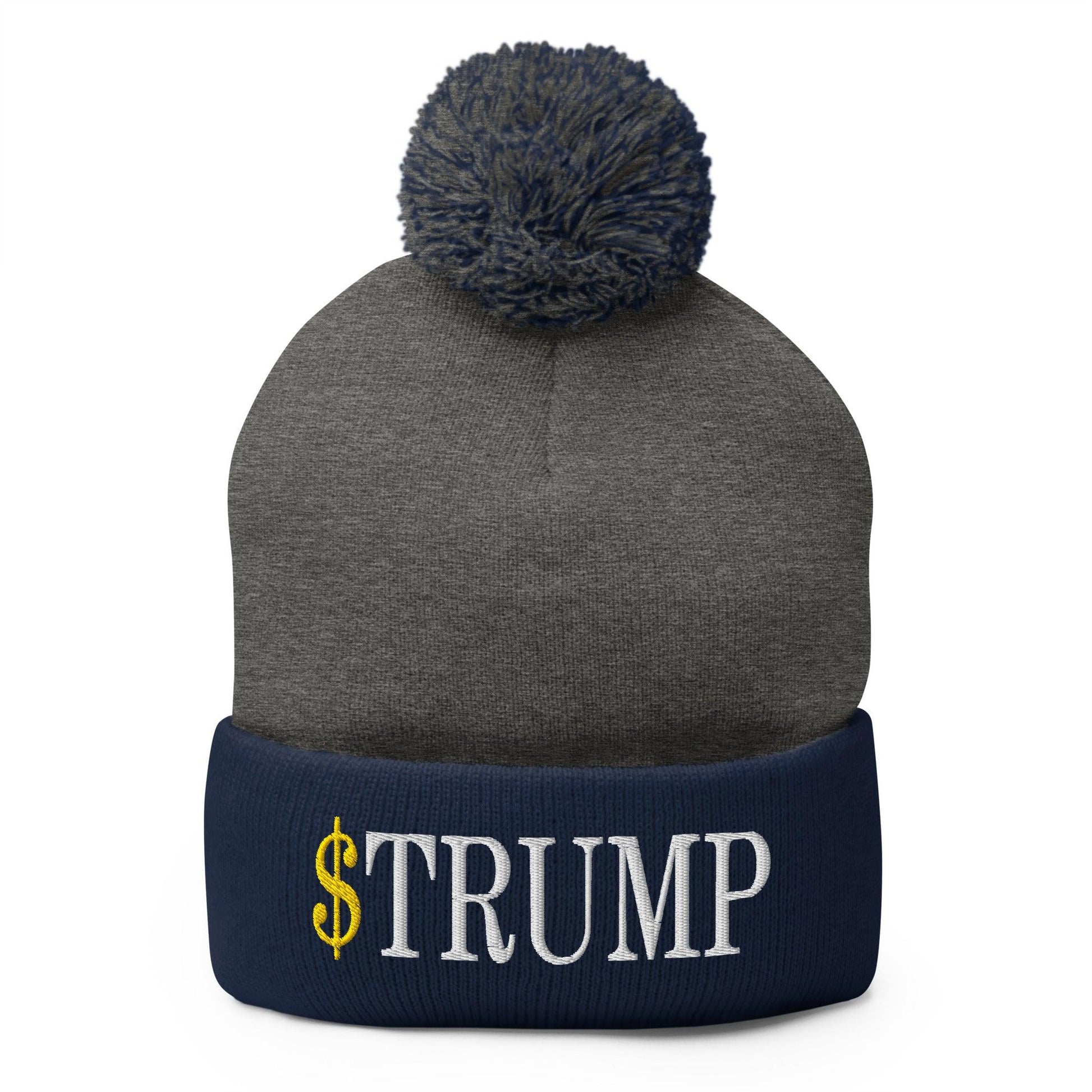 Gray and navy blue knit beanie with official Trump logo and embroidered pom pom design