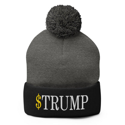 Gray and black knit beanie featuring official Trump logo and embroidered pom pom knit design