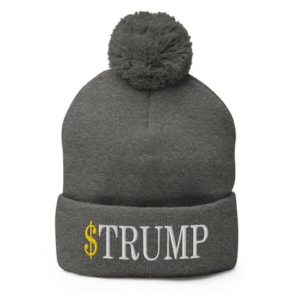 Gray knit beanie with embroidered pom pom featuring official Trump logo and Trump meme coin design