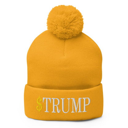 Yellow knit beanie with embroidered pom pom and official Trump logo for Trump Meme Coin merchandise