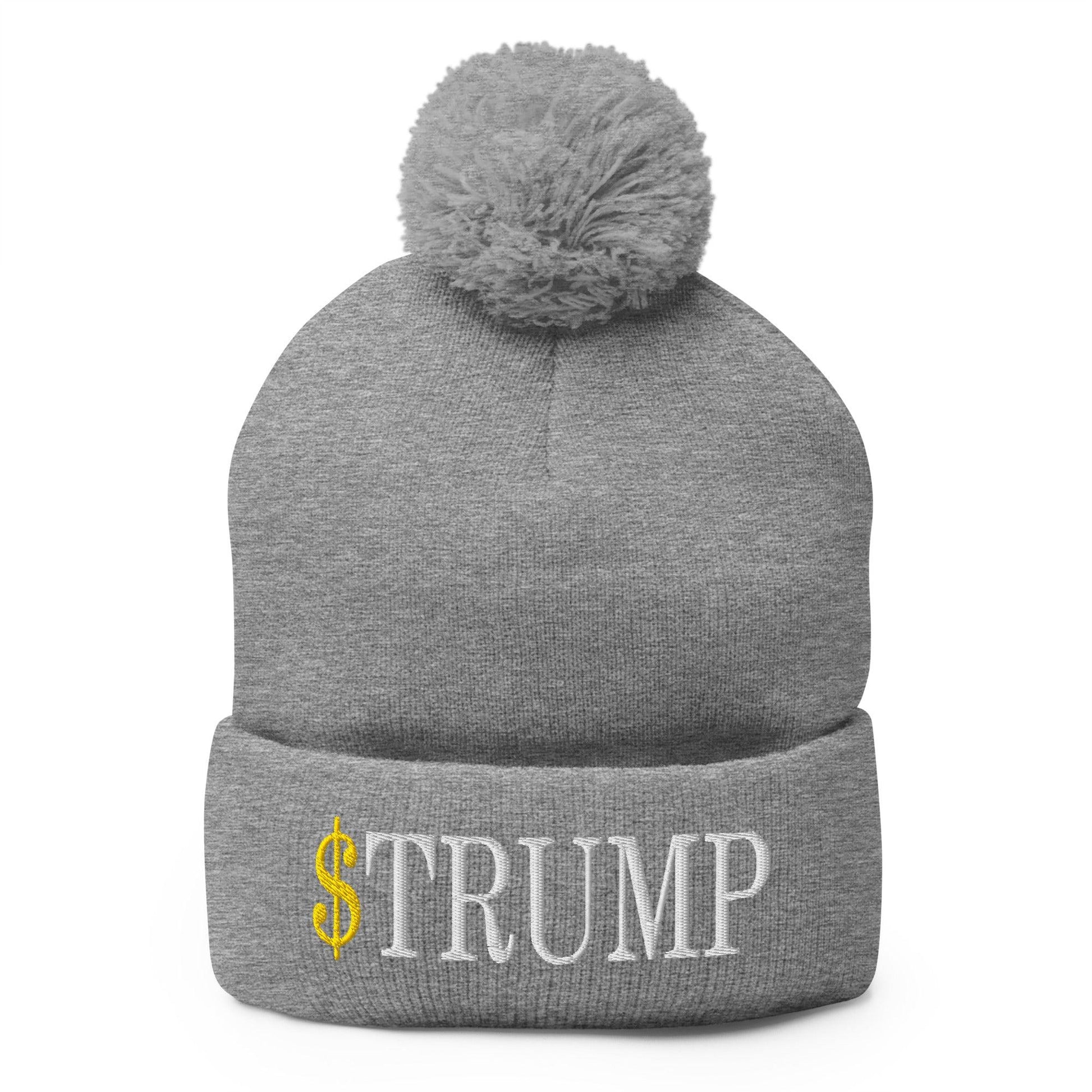 Gray knit beanie featuring embroidered pom pom and official Trump logo for Trump Meme Coin fans