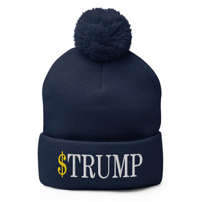 Navy blue embroidered pom pom knit beanie featuring official Trump logo and Trump meme coin design