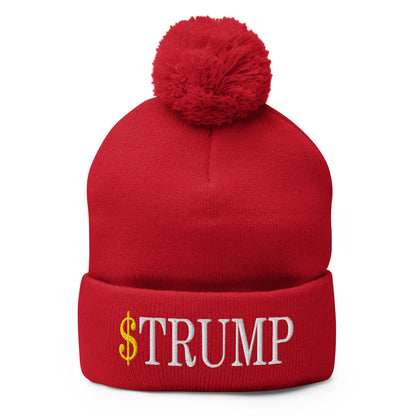 Red knit beanie with embroidered pom pom and official Trump logo showcasing Trump meme coin