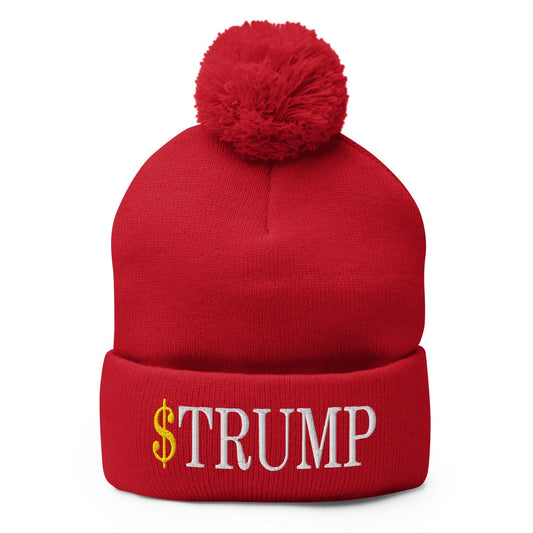 $Trump Official Trump Meme Coin Embroidered Pom Pom Knit Beanie - Red