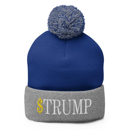 Blue and gray embroidered pom pom knit hat featuring the official Trump logo and Trump meme coin design