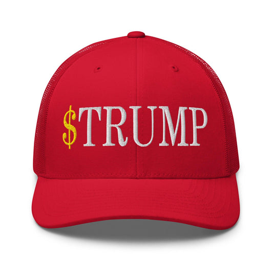 $Trump Official Trump Meme Coin Embroidered Retro Mesh Trucker Hat - Red