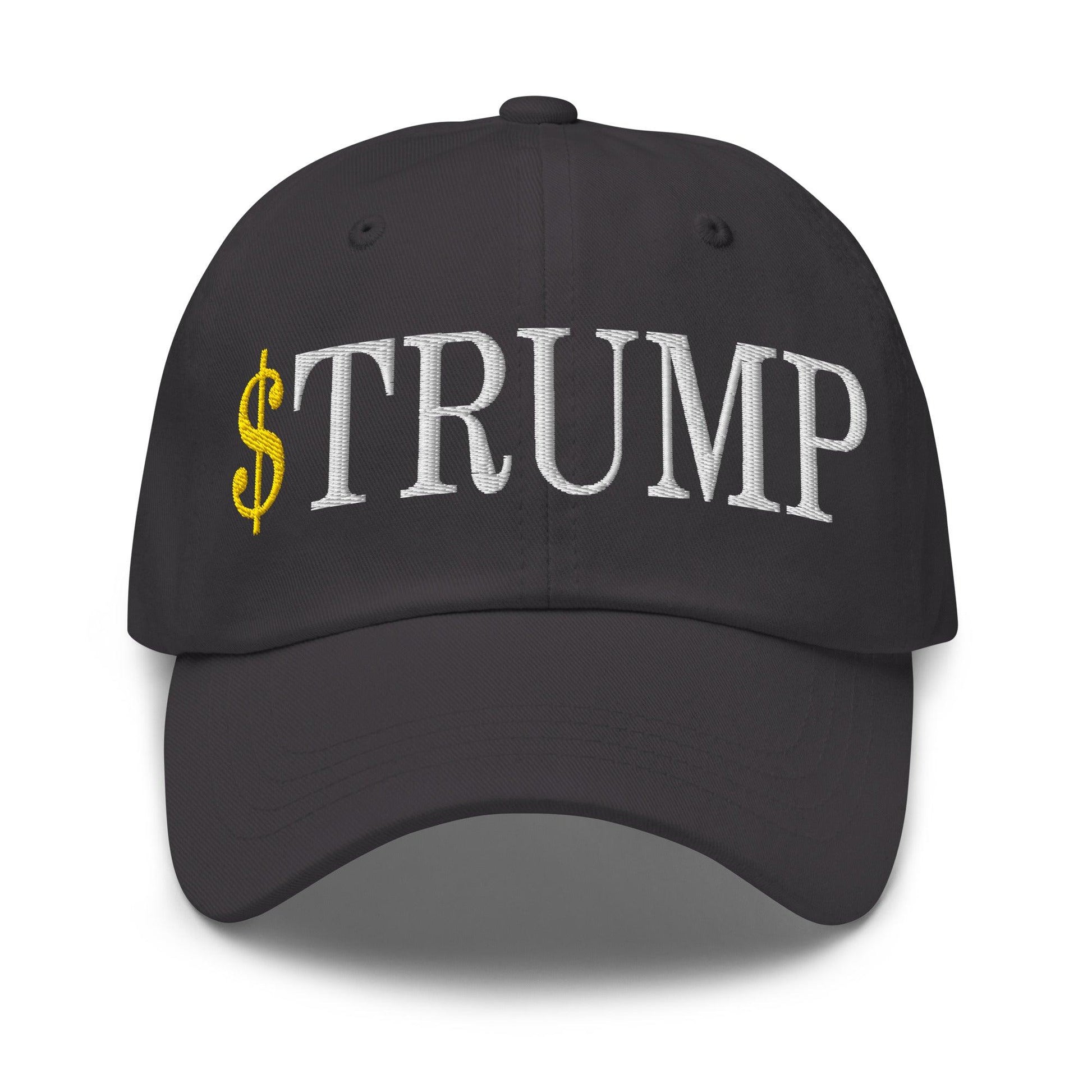 Dark baseball cap with embroidered text from the Official Trump Trump Meme Coin collection
