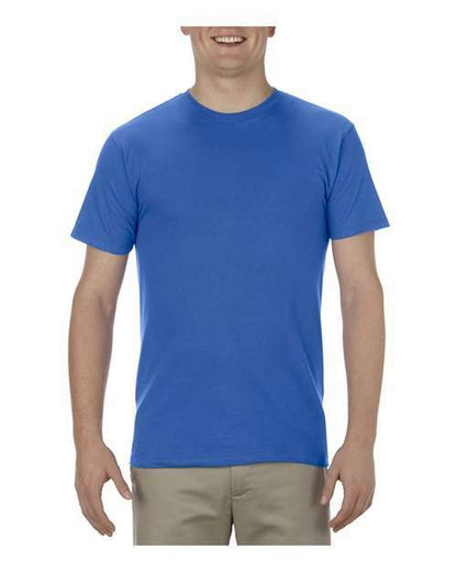 Blue crew neck T-shirt made of cotton polyester blend featuring screen printing design