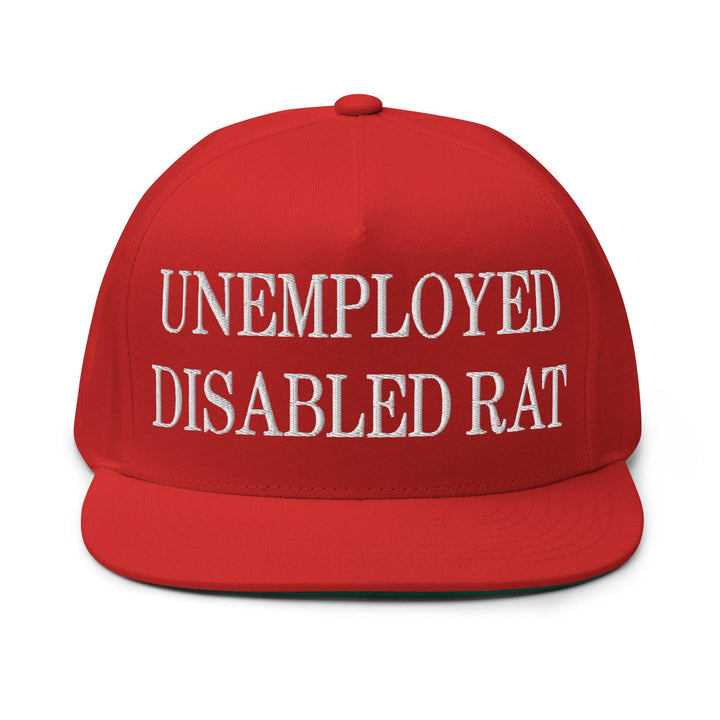 Unemployed Disabled Rat Embroidered 5 Panel Flat Bill Brim Snapback Hat - Red