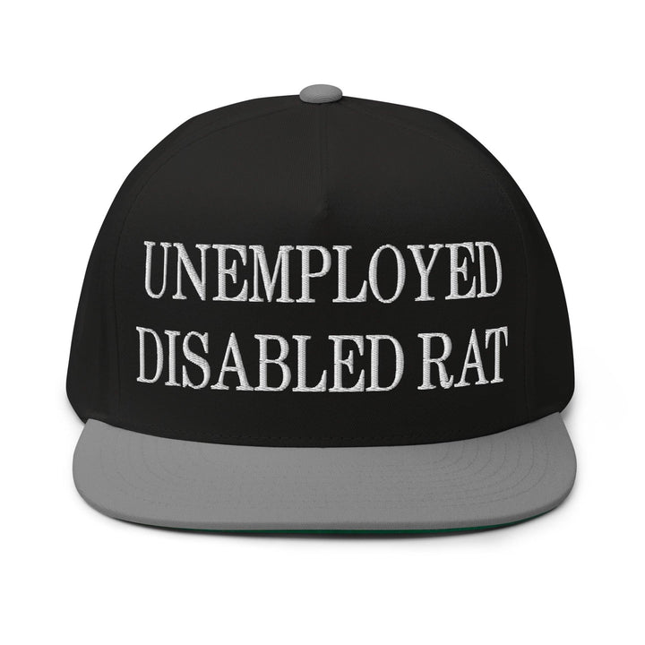 Unemployed Disabled Rat Embroidered 5 Panel Flat Bill Brim Snapback Hat - Black/ Grey