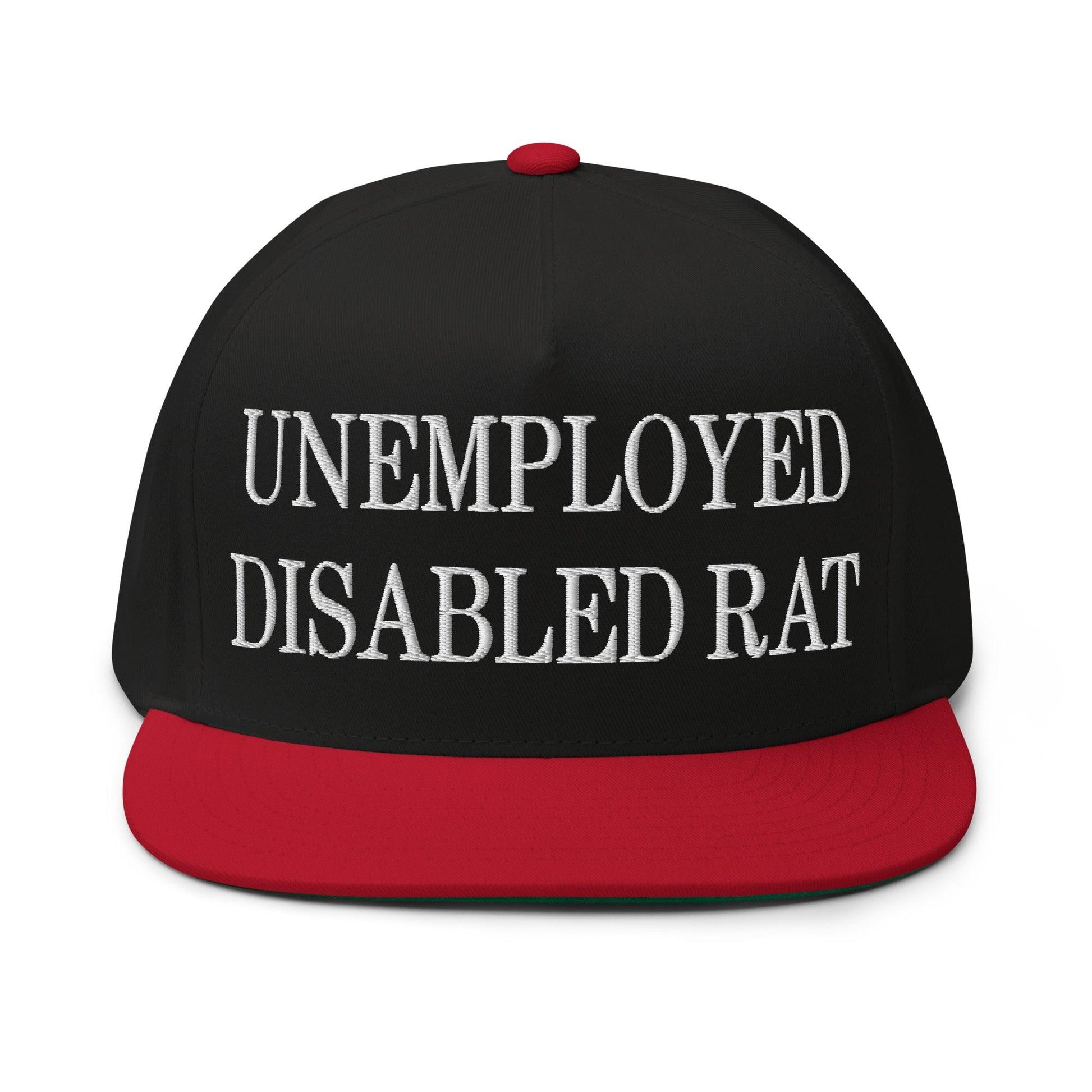 Unemployed Disabled Rat Embroidered 5 Panel Flat Bill Brim Snapback Hat - Black/ Red