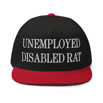 Unemployed Disabled Rat Embroidered 5 Panel Flat Bill Brim Snapback Hat - Black/ Red