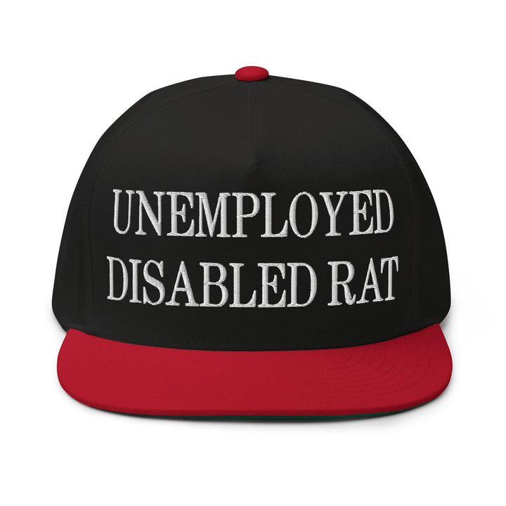 Unemployed Disabled Rat Embroidered 5 Panel Flat Bill Brim Snapback Hat - Black/ Red