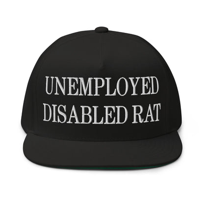 Unemployed Disabled Rat Embroidered 5 Panel Flat Bill Brim Snapback Hat - Black