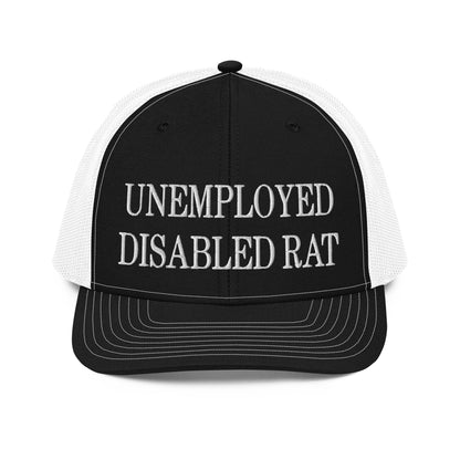 Unemployed Disabled Rat Embroidered Classic Mesh Trucker Hat - Black / White