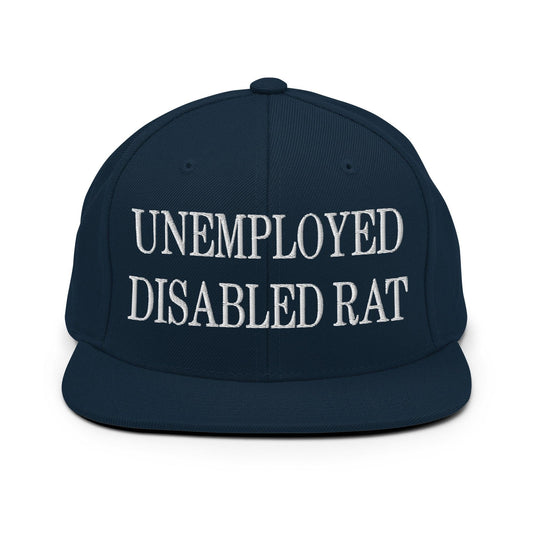 Unemployed Disabled Rat Embroidered Flat Bill Brim Snapback Hat - Dark Navy