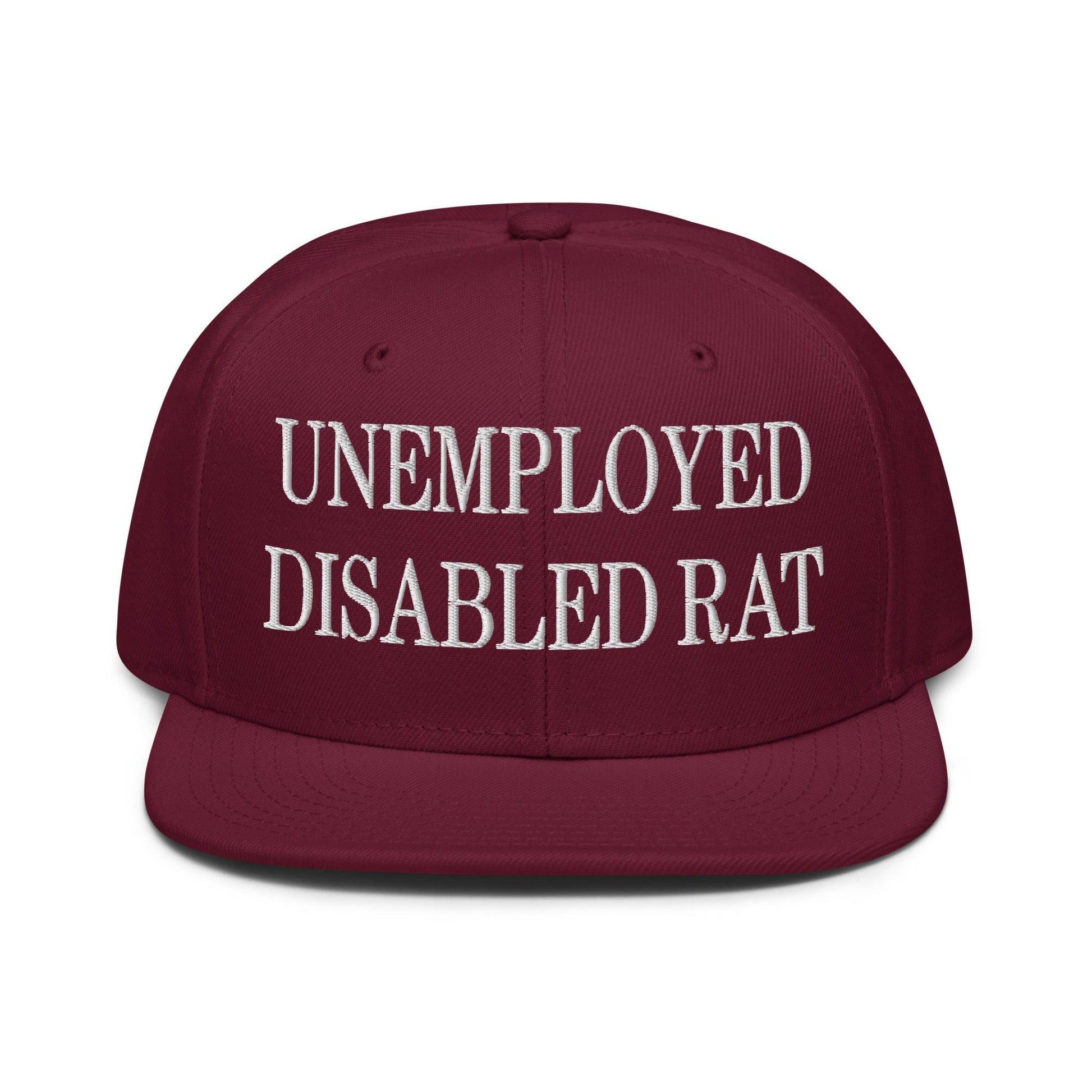 Unemployed Disabled Rat Embroidered Flat Brim Bill Snapback Hat - Burgundy maroon