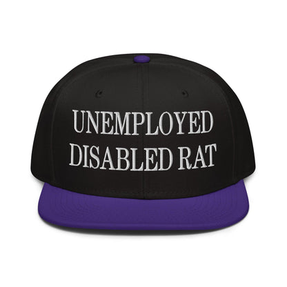 Unemployed Disabled Rat Embroidered Flat Brim Bill Snapback Hat - Purple / Black