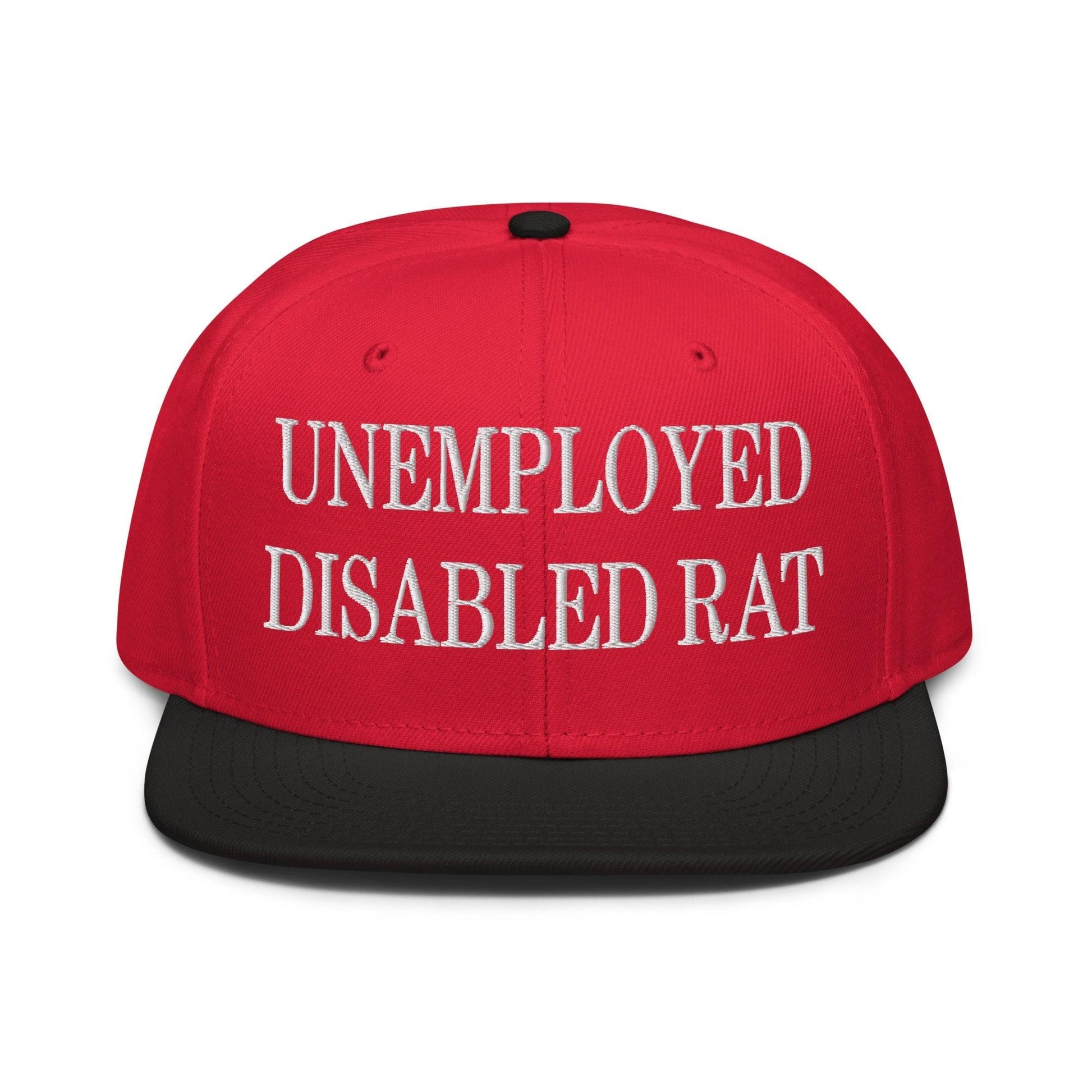 Unemployed Disabled Rat Embroidered Flat Brim Bill Snapback Hat - Black / Red