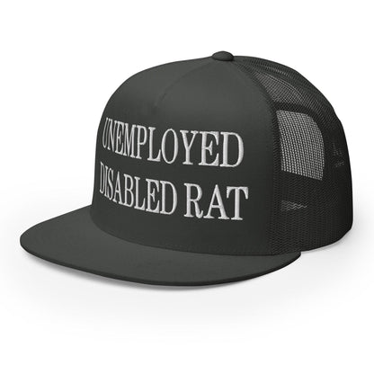 Unemployed Disabled Rat Embroidered Mesh Flat Bill Brim Trucker Hat