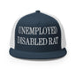 Unemployed Disabled Rat Embroidered Mesh Flat Bill Brim Trucker Hat - Navy/ White