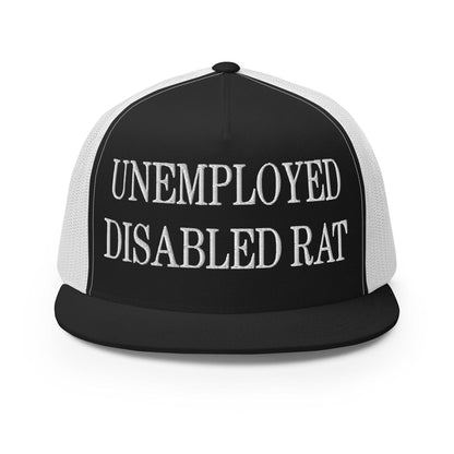 Unemployed Disabled Rat Embroidered Mesh Flat Bill Brim Trucker Hat - Black/ White
