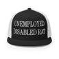 Unemployed Disabled Rat Embroidered Mesh Flat Bill Brim Trucker Hat - Black/ White