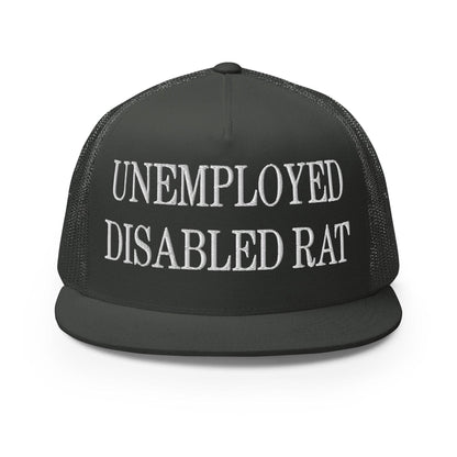 Unemployed Disabled Rat Embroidered Mesh Flat Bill Brim Trucker Hat - Charcoal