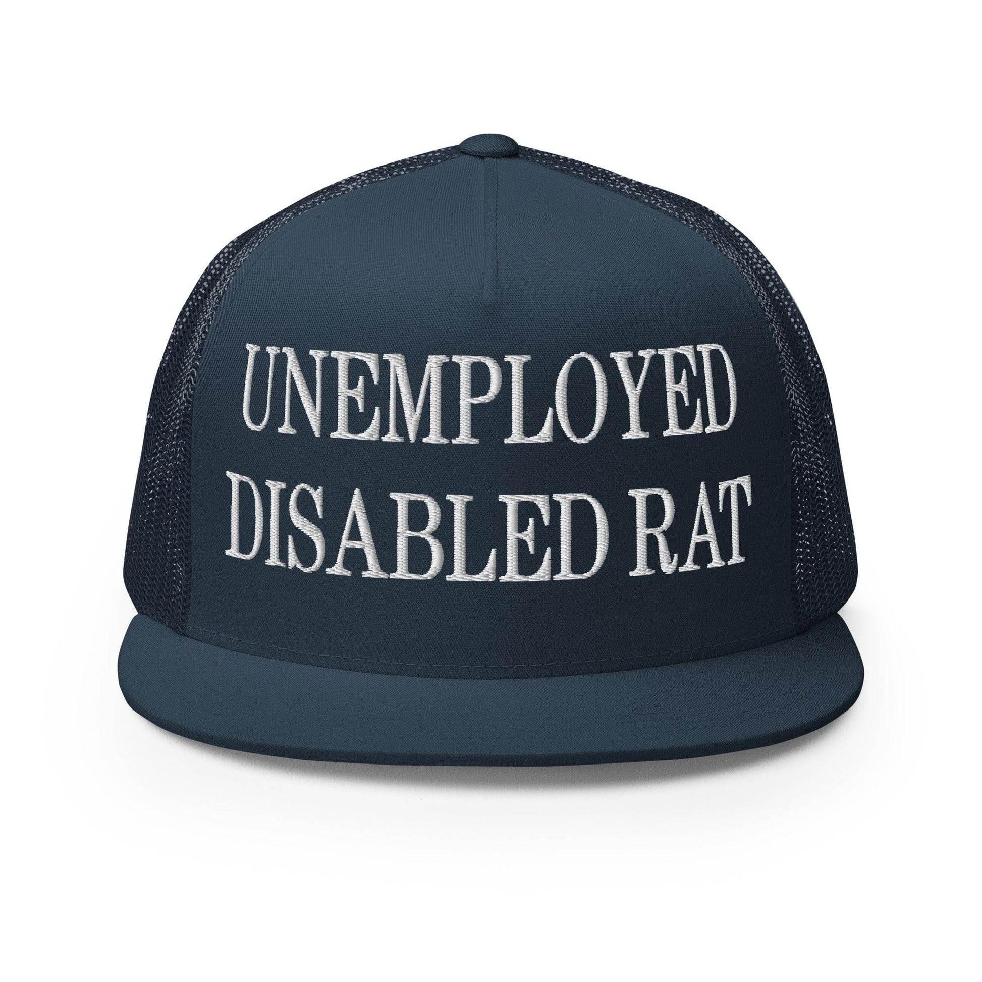 Unemployed Disabled Rat Embroidered Mesh Flat Bill Brim Trucker Hat - Navy