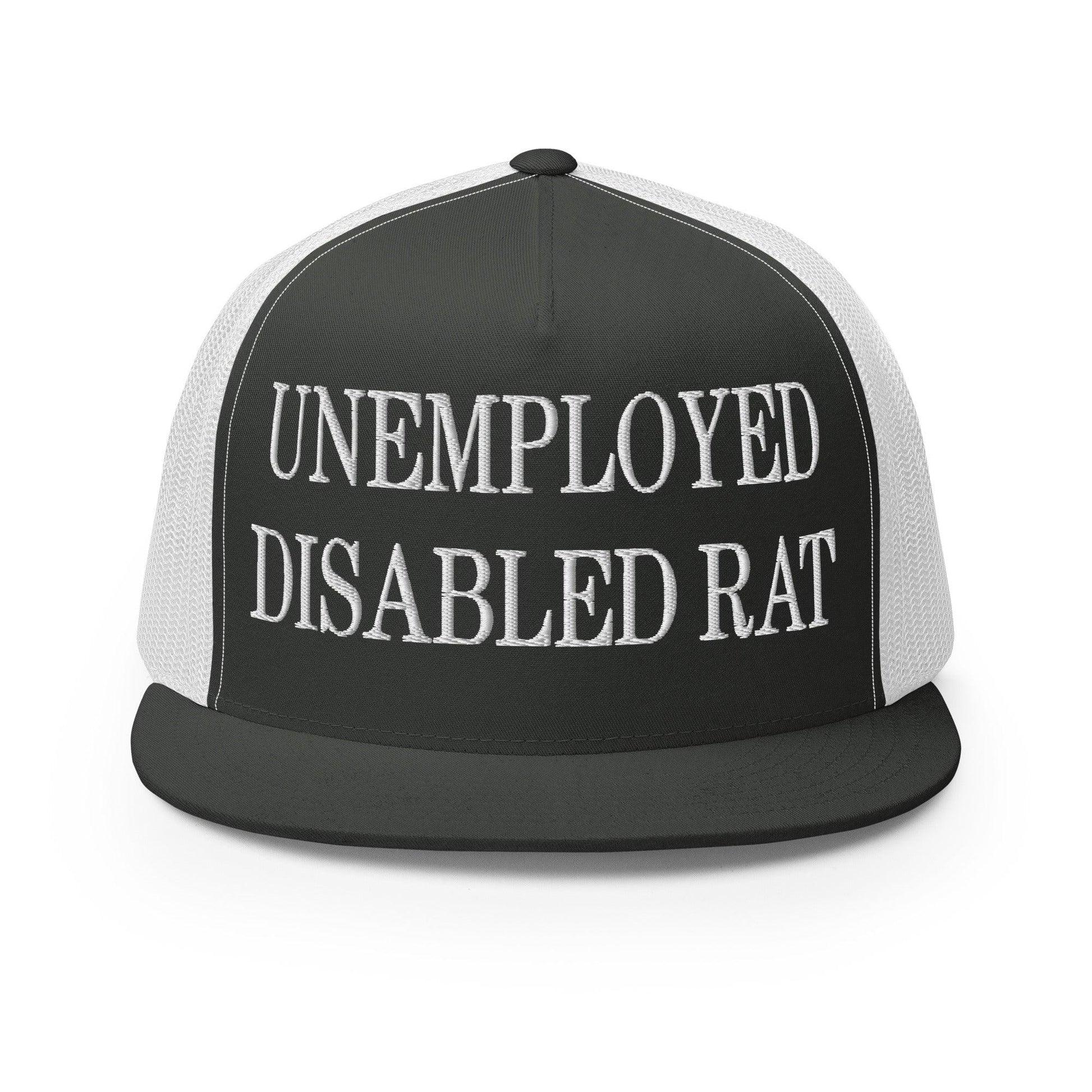 Unemployed Disabled Rat Embroidered Mesh Flat Bill Brim Trucker Hat - Charcoal/ White