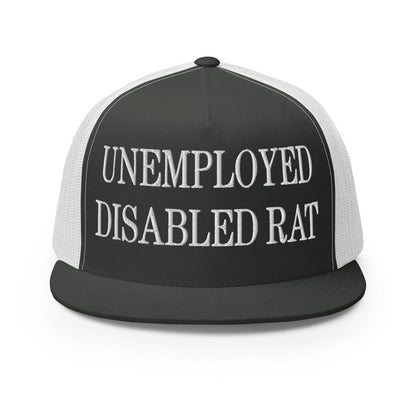 Unemployed Disabled Rat Embroidered Mesh Flat Bill Brim Trucker Hat - Charcoal/ White