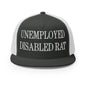 Unemployed Disabled Rat Embroidered Mesh Flat Bill Brim Trucker Hat - Charcoal/ White
