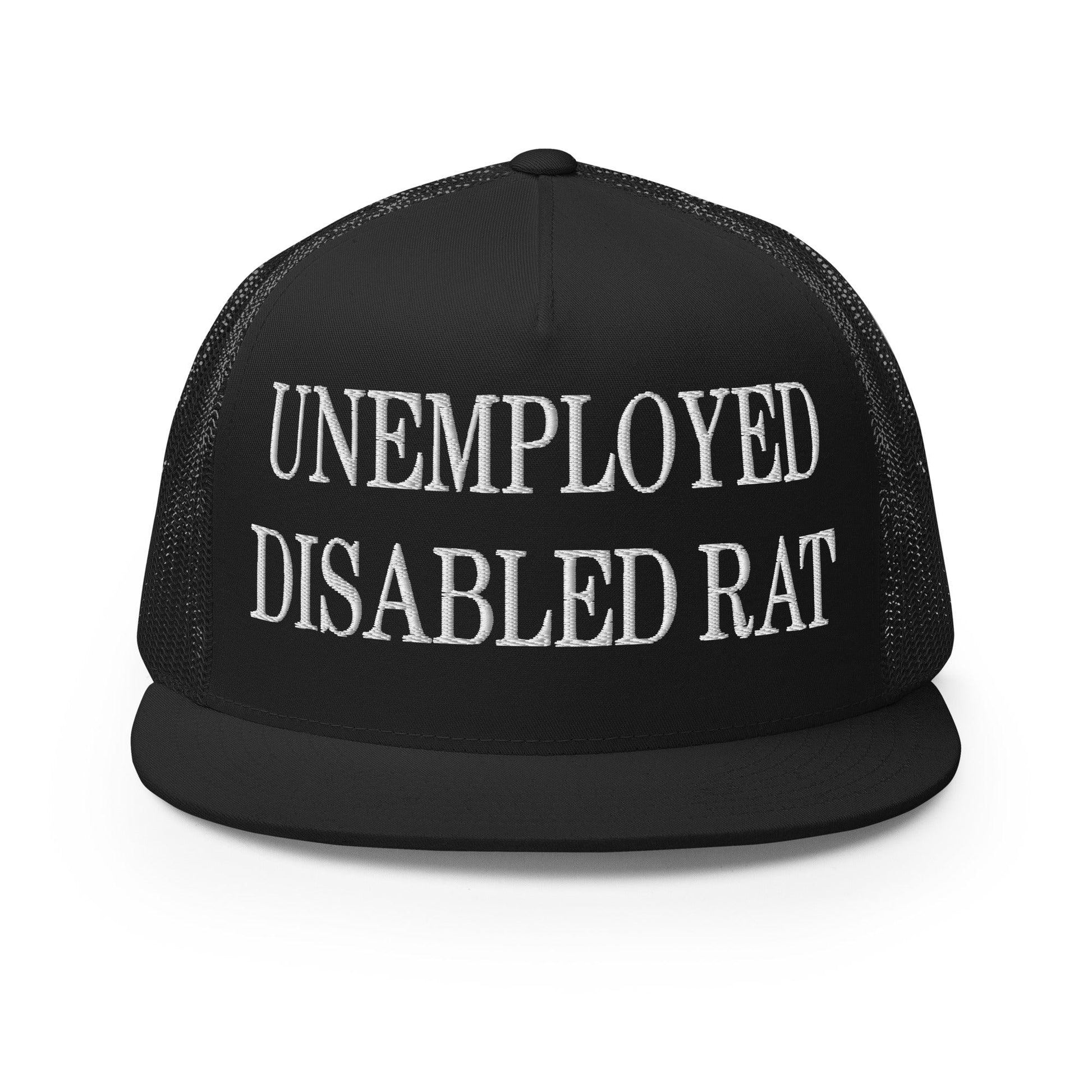 Unemployed Disabled Rat Embroidered Mesh Flat Bill Brim Trucker Hat - Black