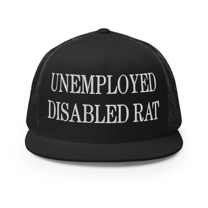 Unemployed Disabled Rat Embroidered Mesh Flat Bill Brim Trucker Hat - Black