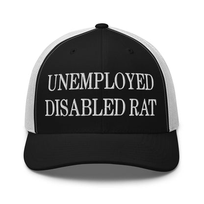 Unemployed Disabled Rat Embroidered Mesh Trucker Hat - Black/ White