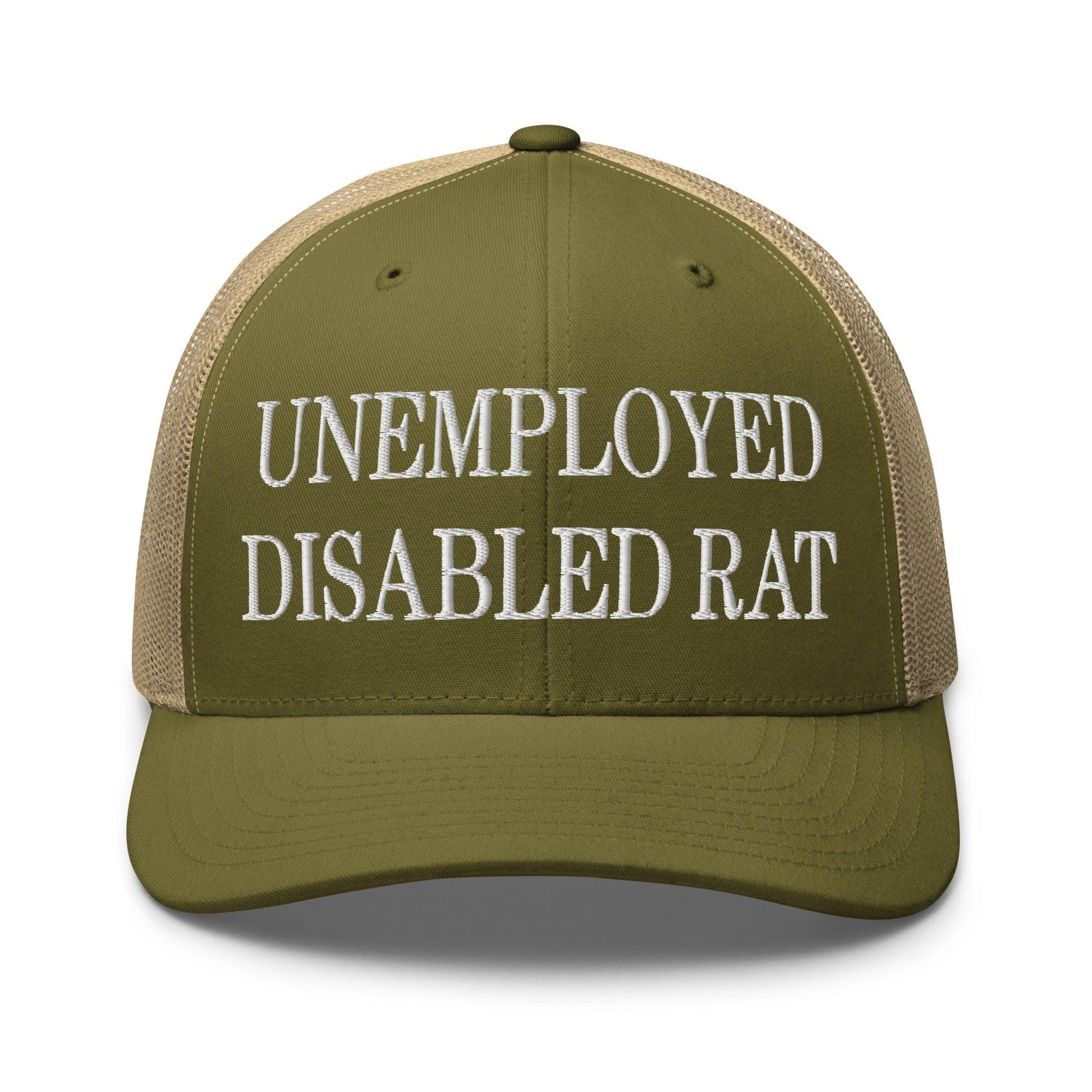 Unemployed Disabled Rat Embroidered Mesh Trucker Hat - Moss/ Khaki