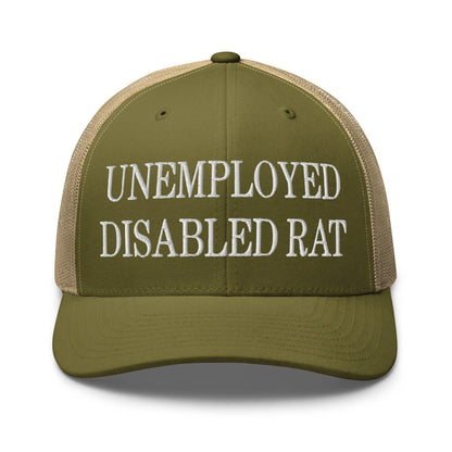 Unemployed Disabled Rat Embroidered Mesh Trucker Hat - Moss/ Khaki