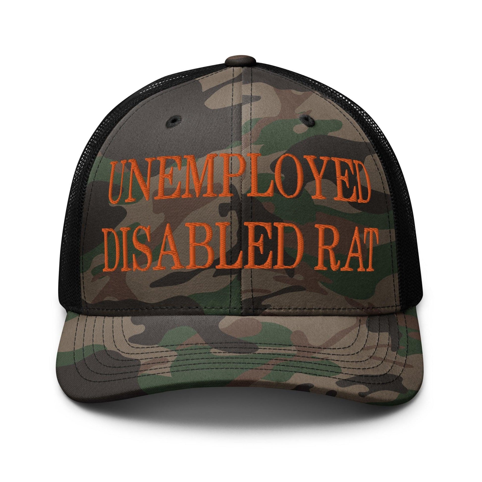 Unemployed Disabled Rat Embroidered Orange Camo Trucker Hat - Camo/Black